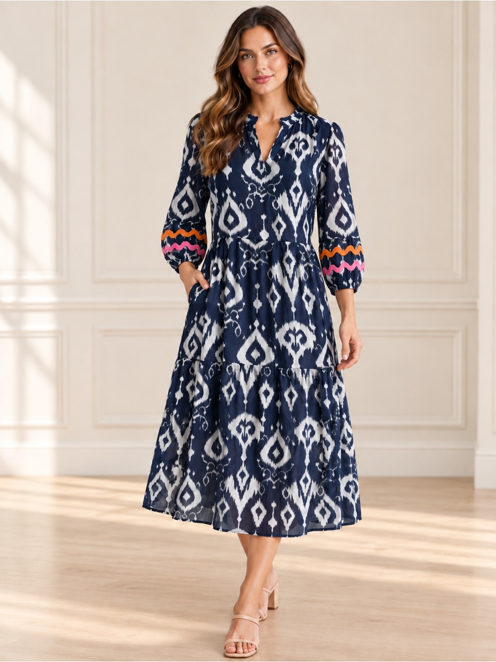 Vilagallo Tammy Ikat Navy Cotton Tiered Midi Dress Ric Rac Boho S